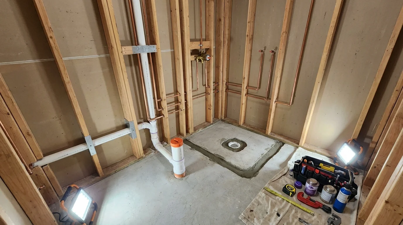 Bathroom rough-in plumbing during remodel by Johns Plumbing LLC in Junction