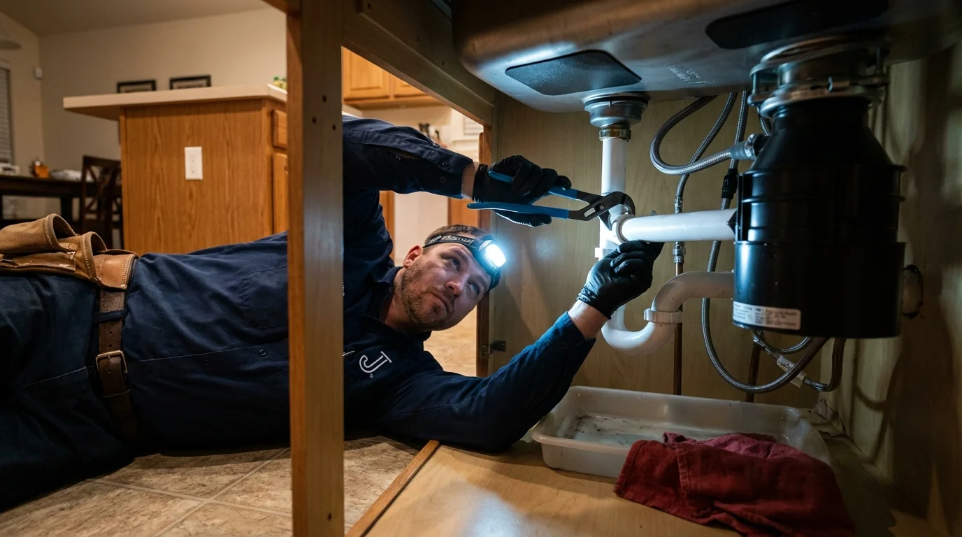 P-trap and supply line connections under a kitchen sink showing a common leak point in Junction, UT